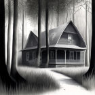Grayscale illustration of cabin in forest with pathway