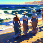 Four women in white dresses and sun hats on sandy beach with crashing waves and distant buildings.