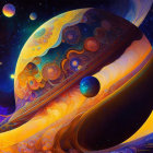 Abstract cosmic entity with swirling patterns and planets in orange, blue, and purple