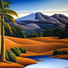 Surreal landscape with orange hills, river, mountains, palm trees, and figure in red