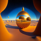 Surrealist landscape with glossy sphere, trees, arching forms, desert terrain, and starry