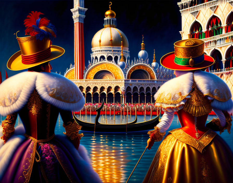 Elaborately dressed individuals at Venetian carnival with gondola in festive scene