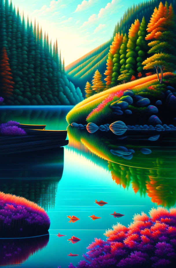 Colorful Landscape with Trees, Lake, Boat, Fish: Tranquil and Surreal