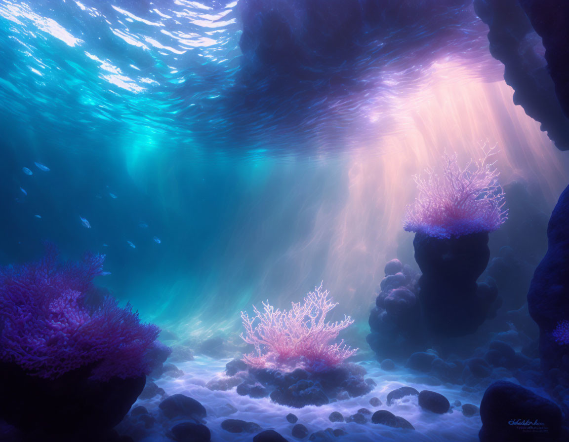 Sunbeams illuminate pink coral and rocks in underwater scene