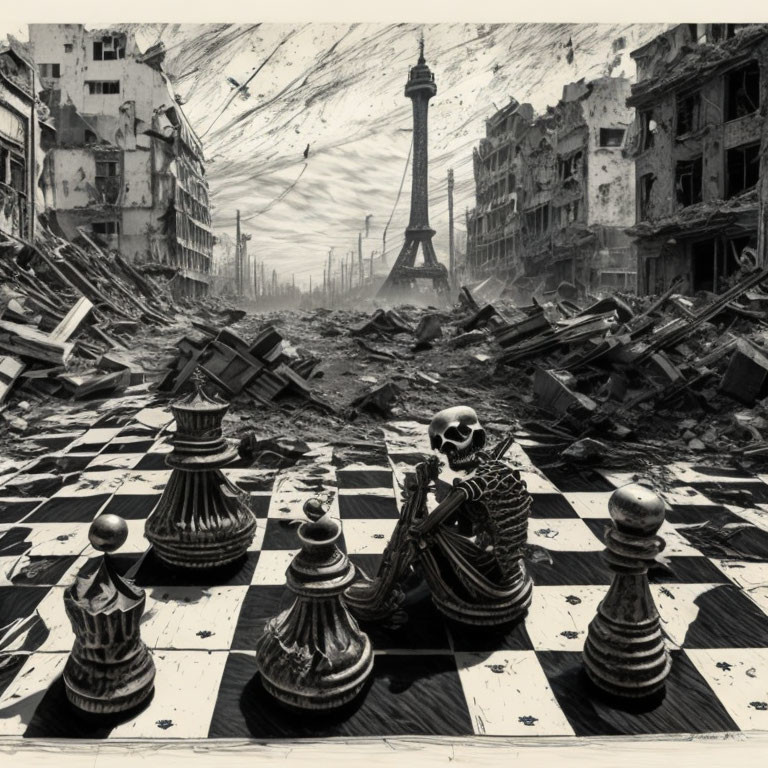 Monochrome skeleton at chessboard in apocalyptic cityscape