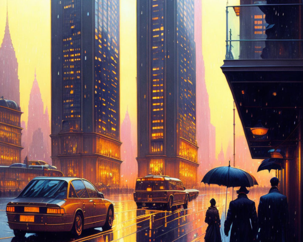 Cityscape at Dusk: Tall Buildings, Wet Streets, Pedestrians with Umbrellas
