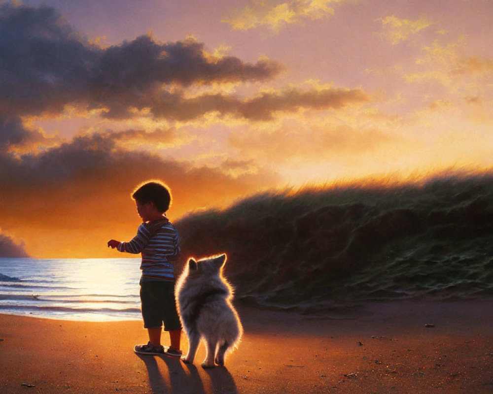 Child and fluffy dog on beach at sunset with dramatic sky