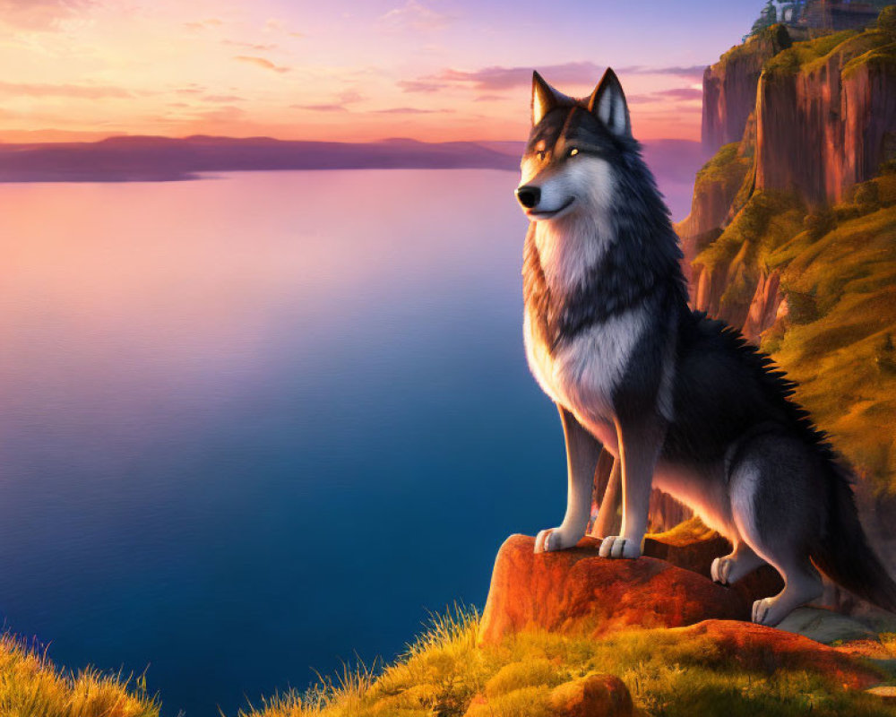 Majestic wolf overlooking calm sea at sunset