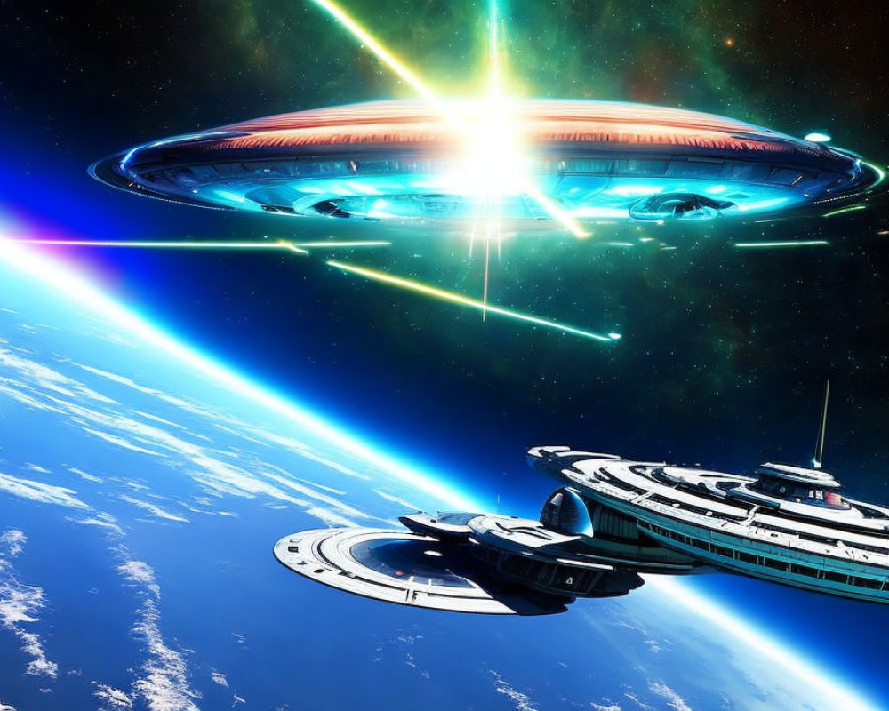 Detailed UFO in vibrant sci-fi scene above Earth