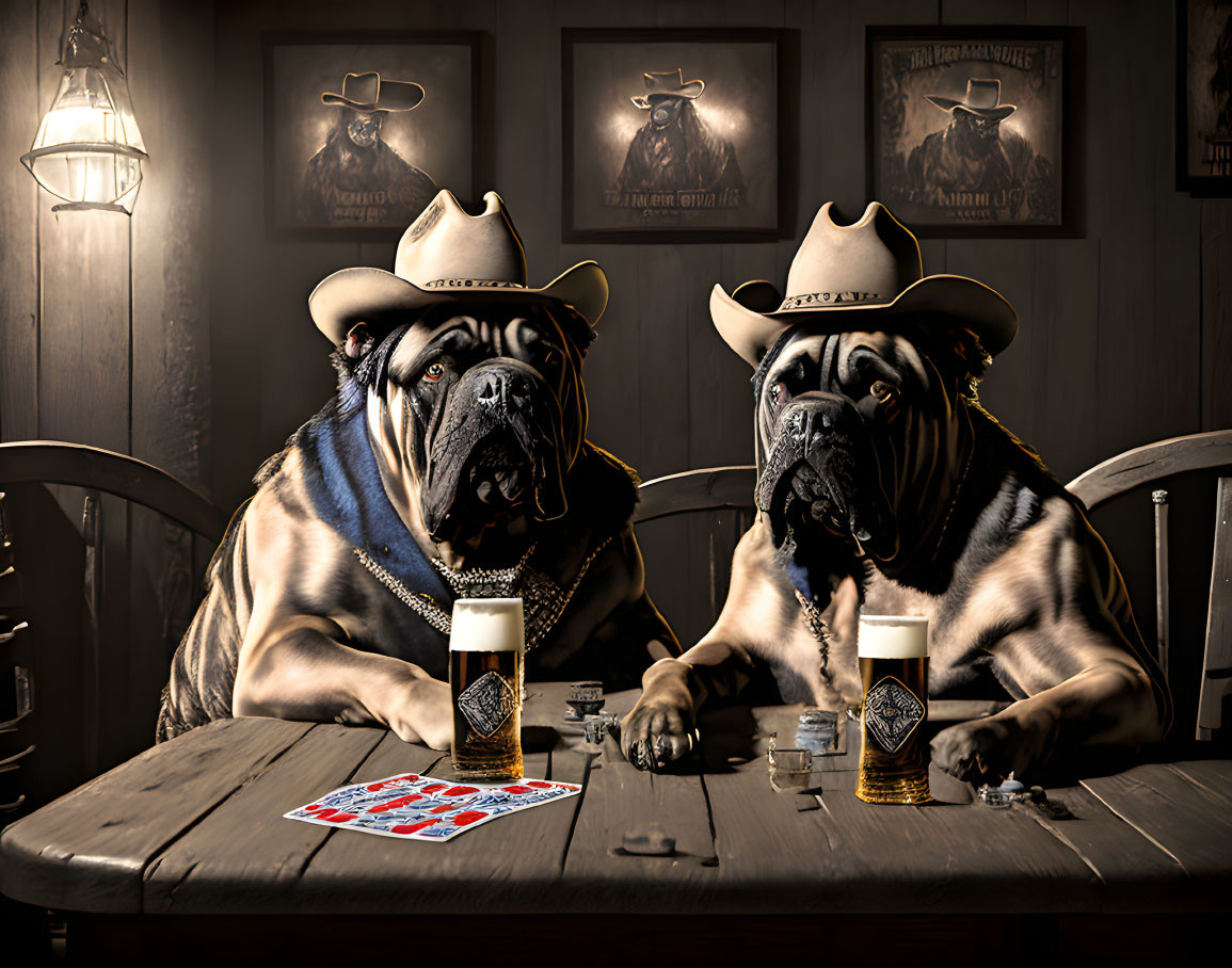 Bulldogs in cowboy hats at bar table with beer and cards