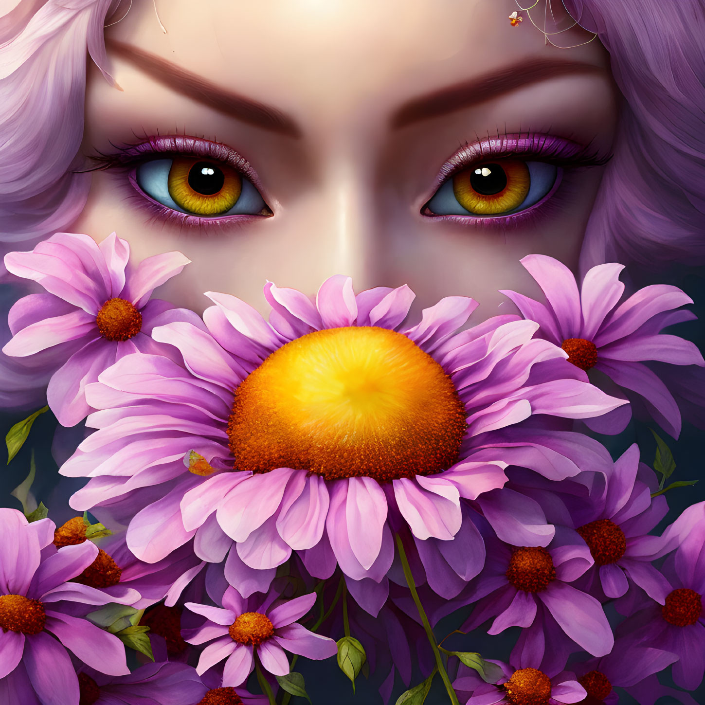 Vibrant purple daisy flowers framing striking green eyes