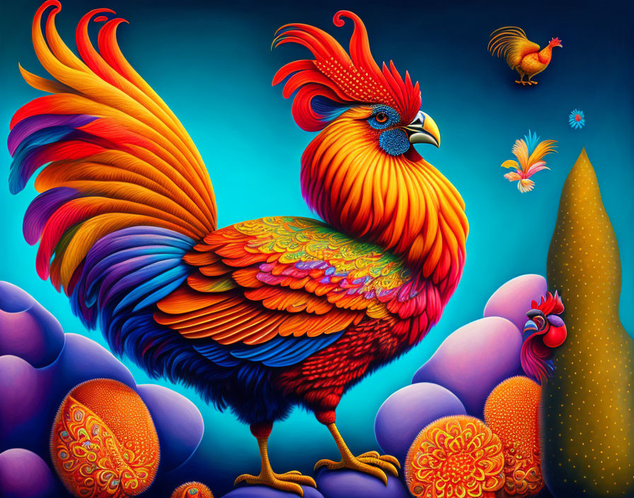 Colorful Rooster and Decorated Eggs Under Mystical Sky