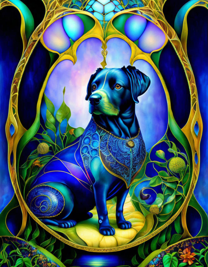 Colorful stylized dog artwork in ornate nature-inspired frame
