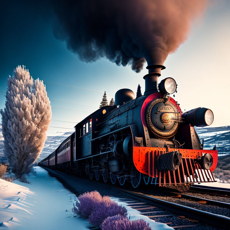 Vintage steam locomotive in snowy landscape with billowing smoke