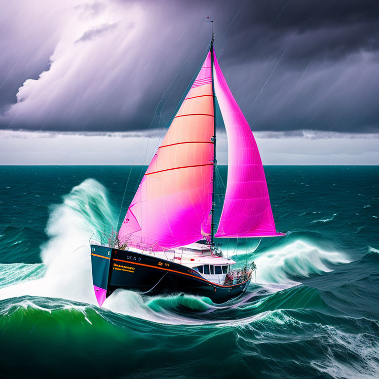 Colorful sailboat with pink sails in stormy ocean scene