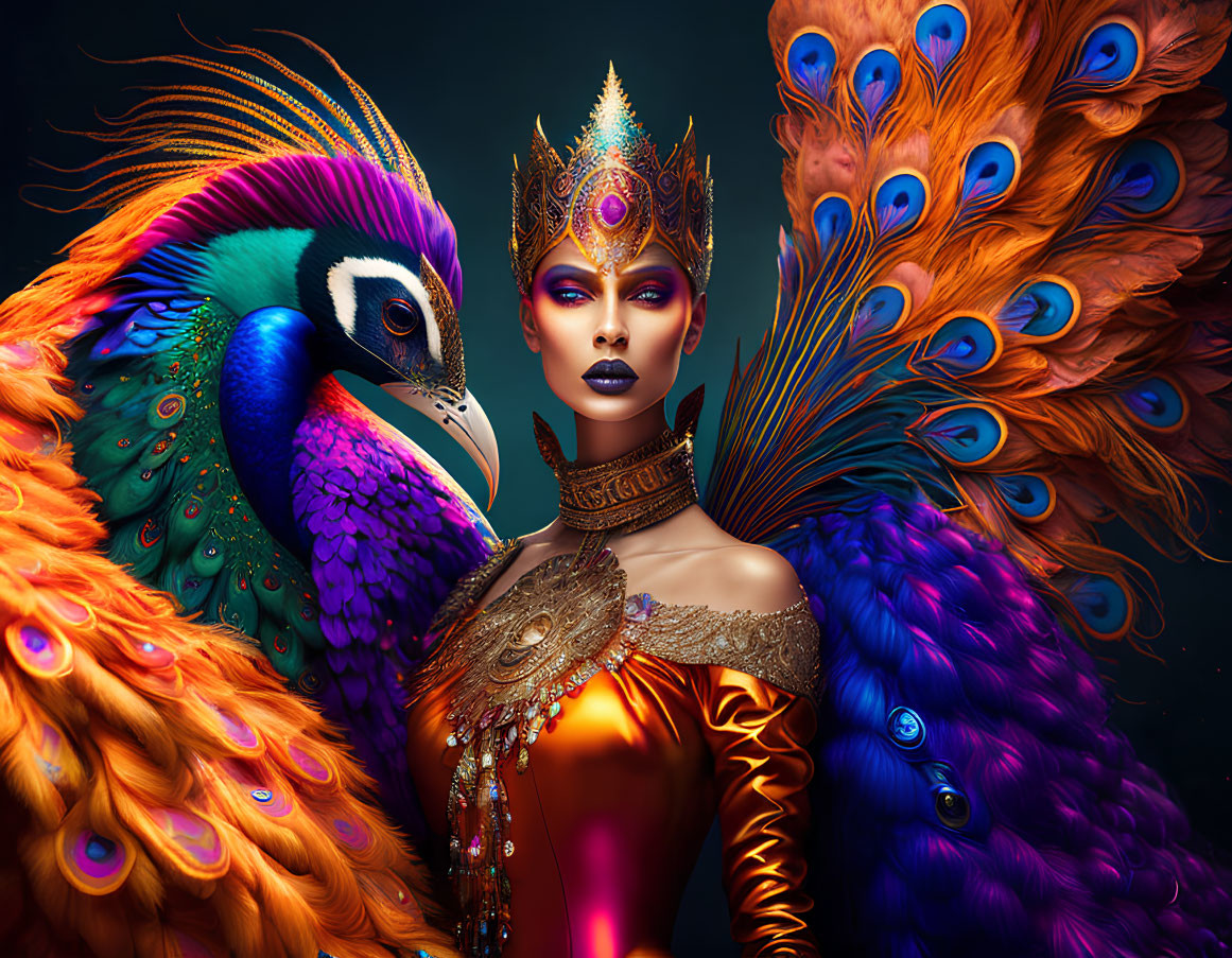 Woman with peacock-themed makeup and attire next to vibrant peacock in blues, greens, and oranges