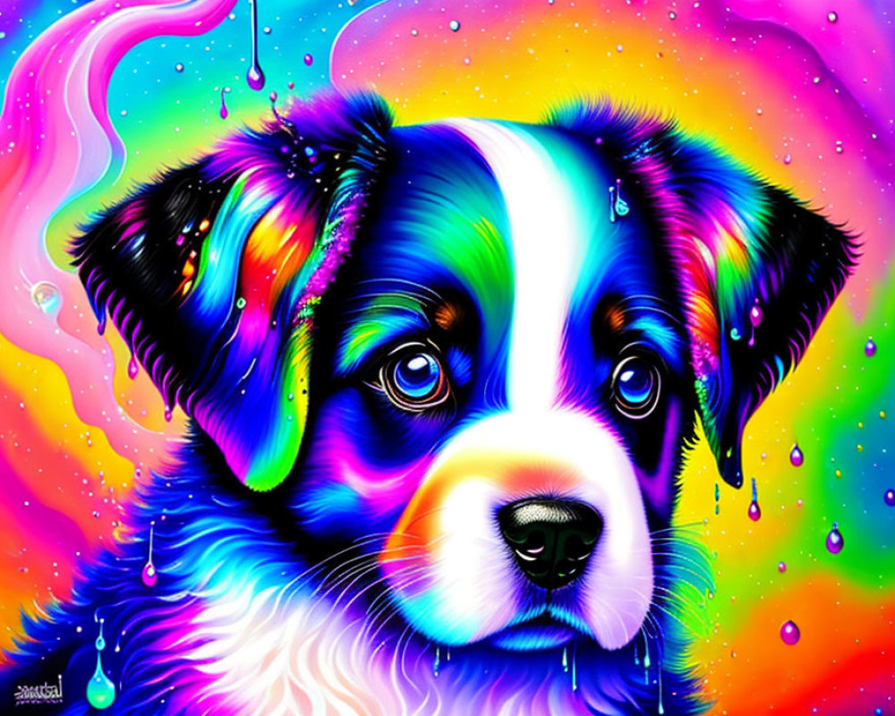 Colorful Dog Illustration with Psychedelic Rainbow Background