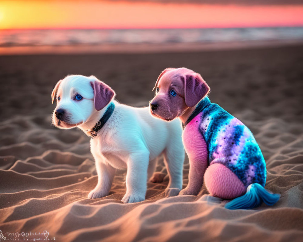 Two puppies on beach at sunset, one with mermaid tail and coloring