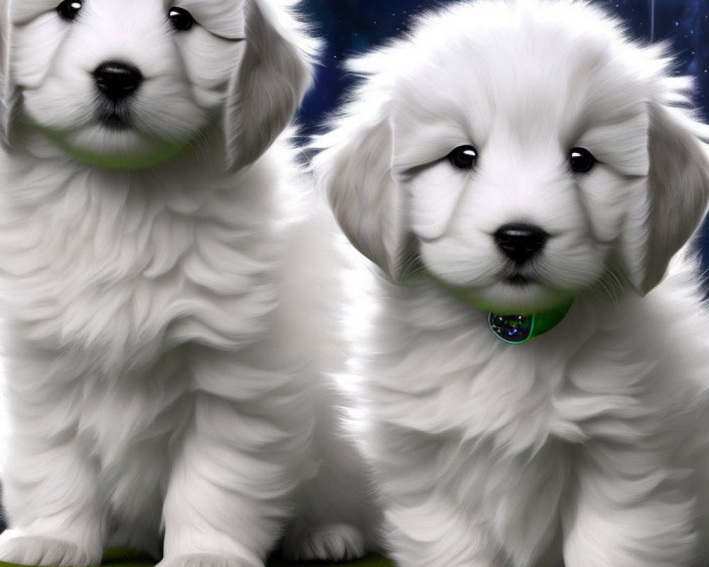 Fluffy White Puppies with Green Collar in Starry Night Sky