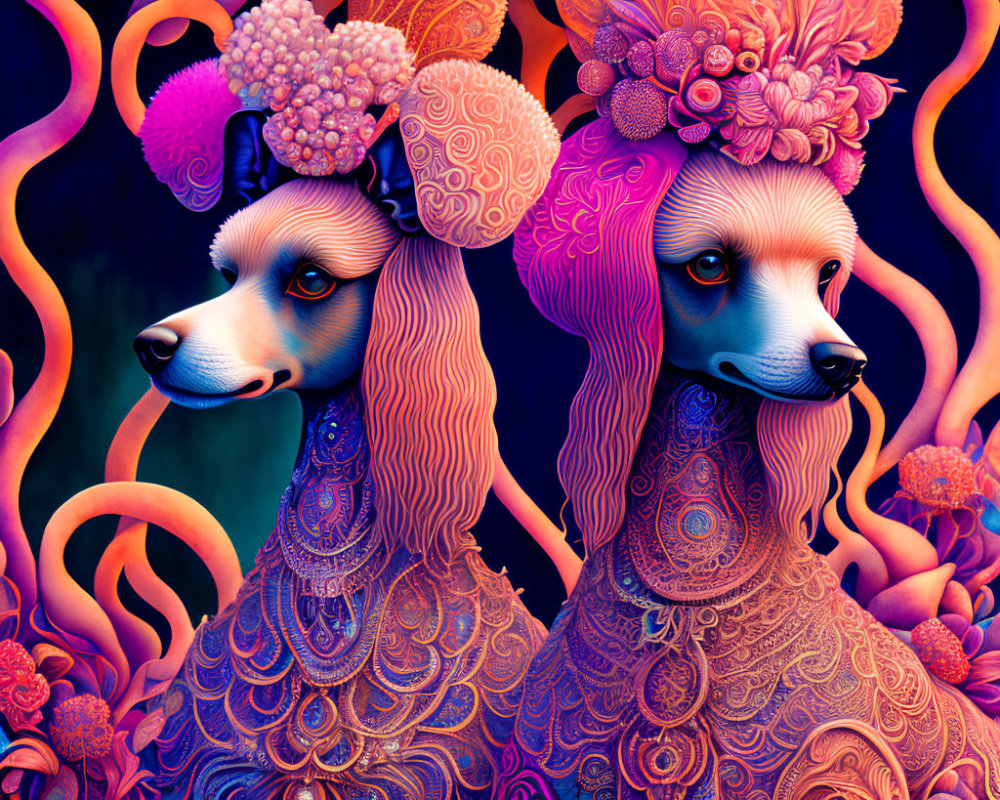 Colorful Abstract Art: Ornate Dogs with Floral Headdresses