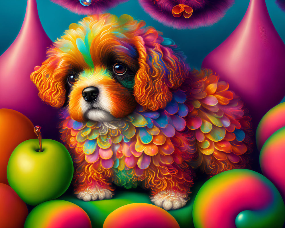 Whimsical dog illustration with rainbow fur, apples, and balloons on blue background