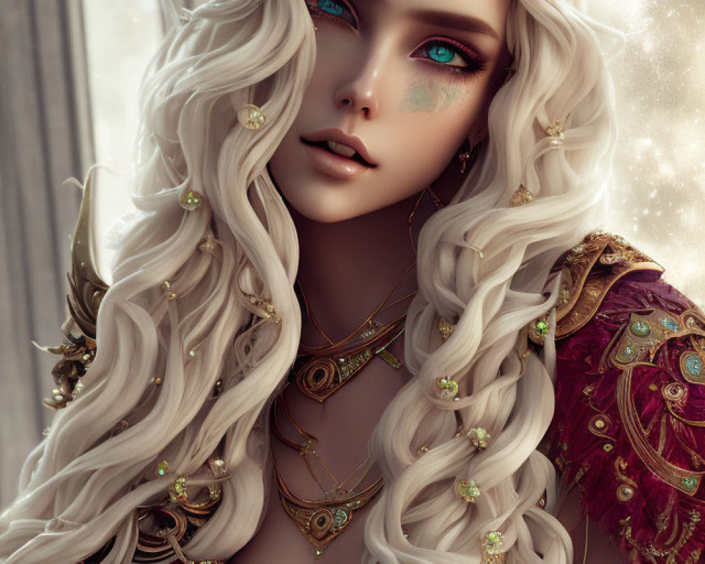 Fantasy character with white curls, green eyes, gold jewelry, red and green outfit