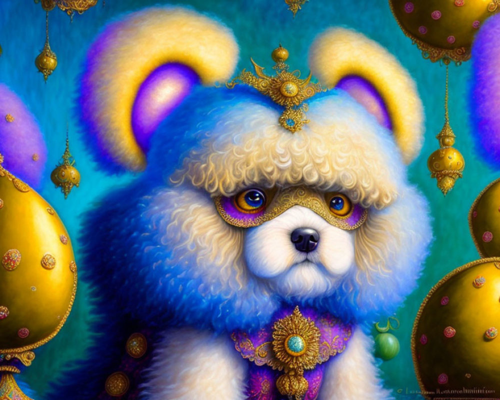 Regal fluffy dog with blue fur, golden crown, and jewelry in colorful illustration