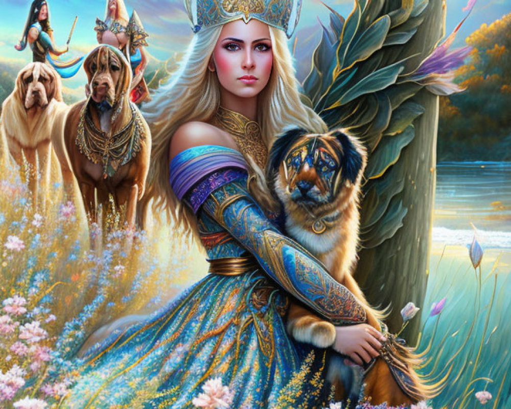 Fantasy queen in floral gown with crown, armored dogs, and tiger in vibrant meadow at sunset