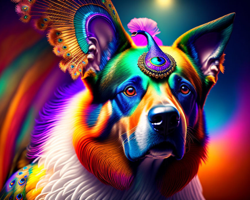 Colorful Digital Artwork: Dog with Peacock Feathers and Eye Design on Forehead