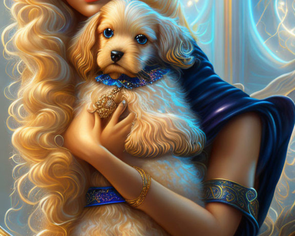 Blonde woman with blue eyes holding golden dog in ornate setting