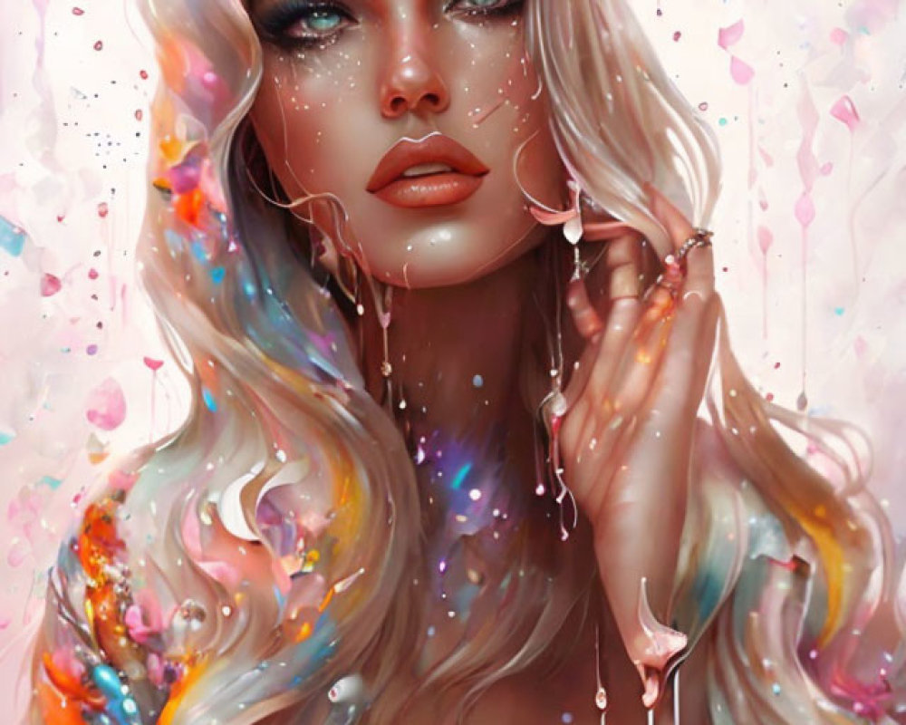 Surreal portrait of a woman with flowing, iridescent colors