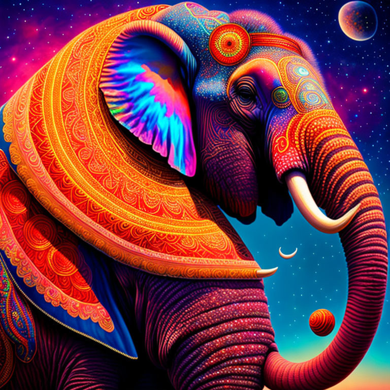 Colorful Psychedelic Elephant Illustration with Cosmic Background