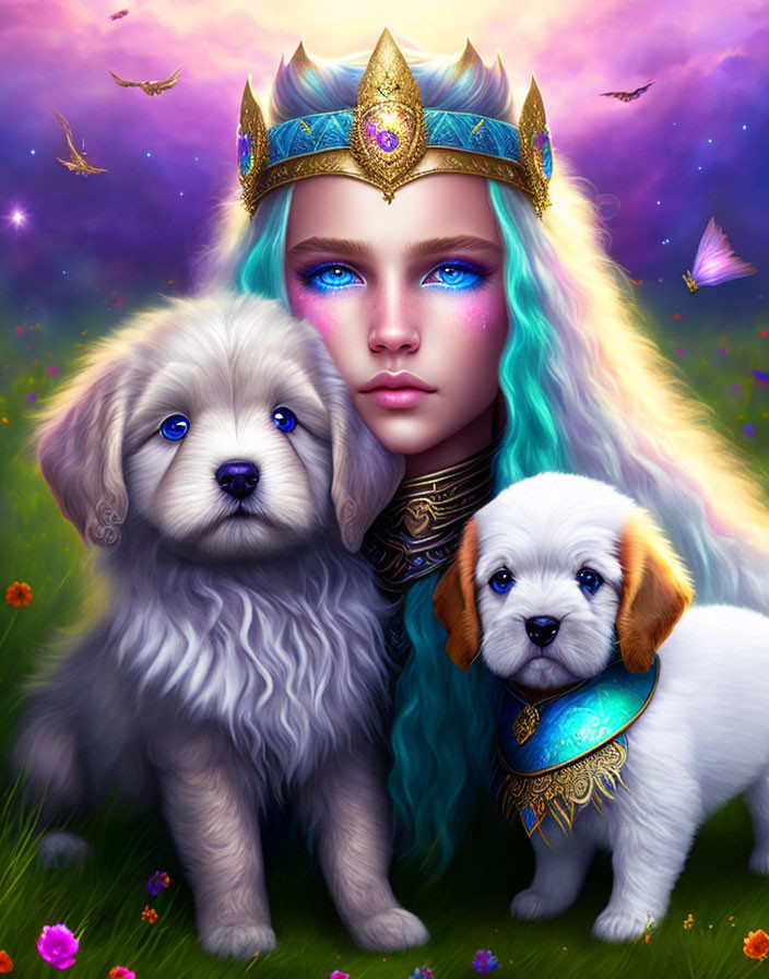 Digital Artwork: Woman with Blue Eyes, Multicolored Hair, Crown, Puppies in Purple