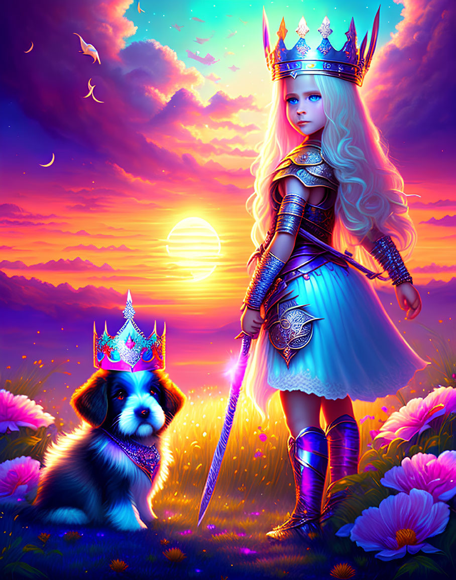 Fantasy illustration of young warrior princess with glowing sword and loyal dog at sunset