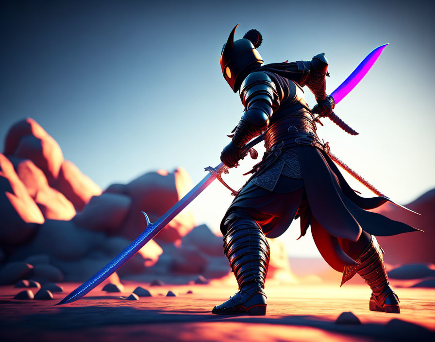 Stylized warrior in samurai armor with glowing sword in desert sunset.