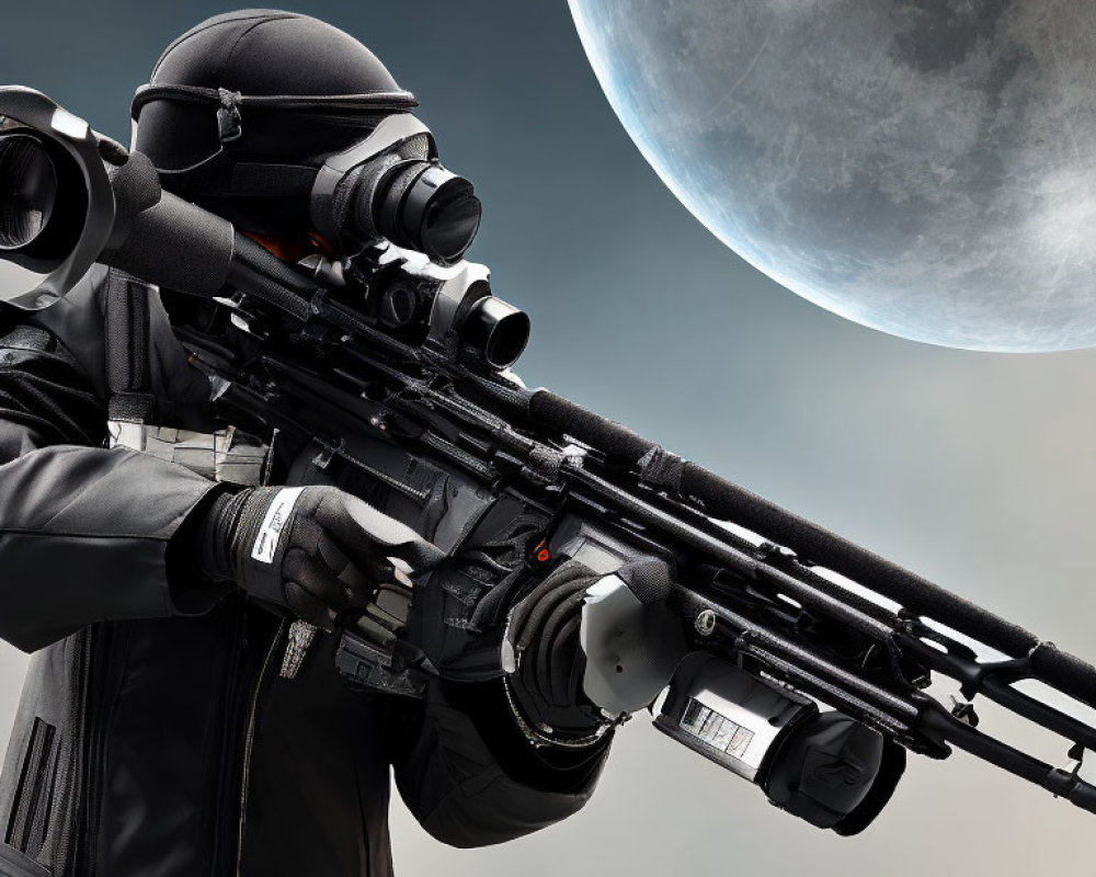 Masked Sniper in Black Tactical Gear Aiming Rifle Against Moonlit Sky