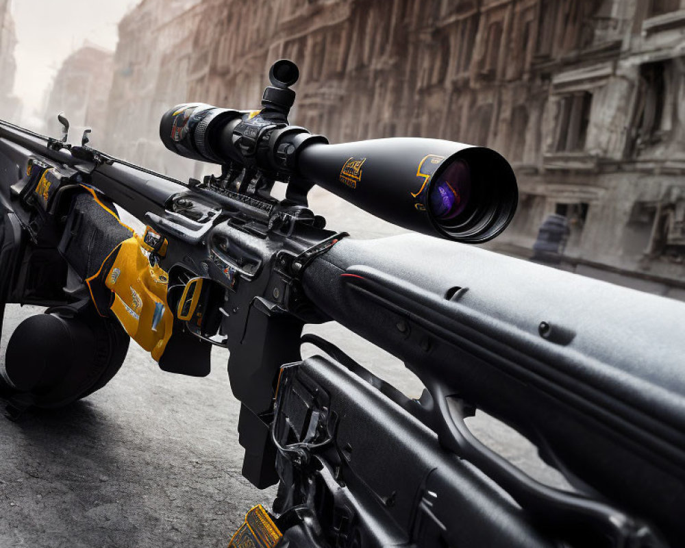 High-powered sniper rifle with scope on urban background, featuring orange markings.