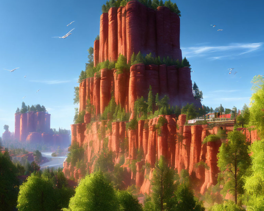 Majestic red rock formations in serene landscape with lush greenery