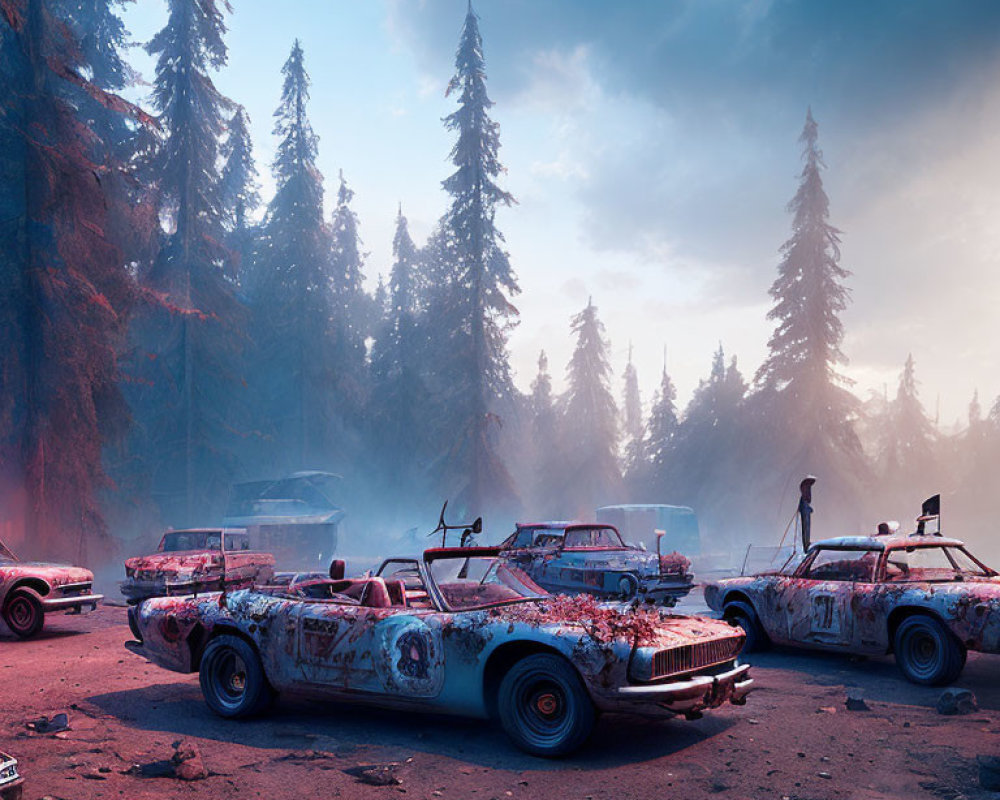 Abandoned cars in forest with figure under pinkish sky