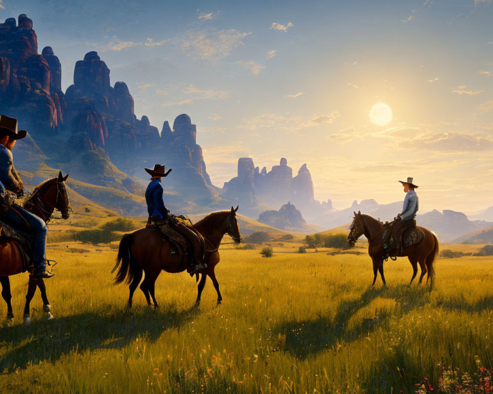 Cowboys on horseback enjoying scenic sunset in open field.