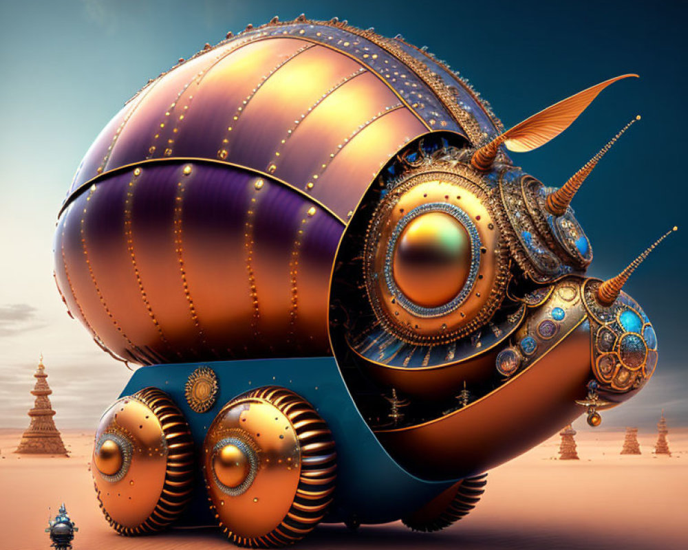 Steampunk-style snail robot in desert landscape with ornate metallic decorations.