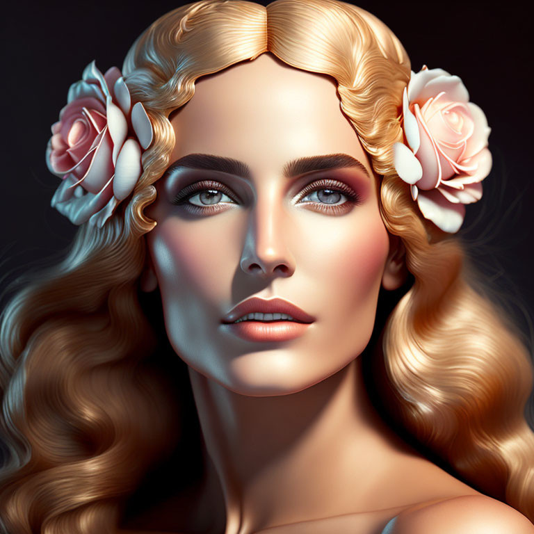 Detailed digital portrait of woman with wavy blonde hair and roses, serene expression.