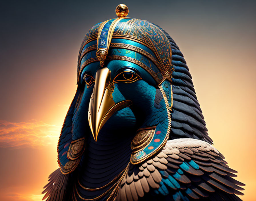 Detailed digital artwork of stylized Egyptian god with falcon head in intricate headdress against sunset backdrop