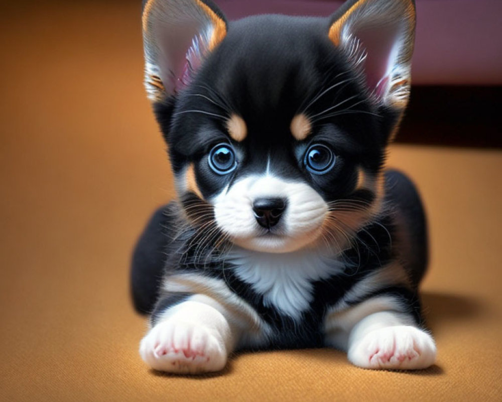 Tricolor Puppy with Large Ears and Expressive Eyes Sitting on Floor