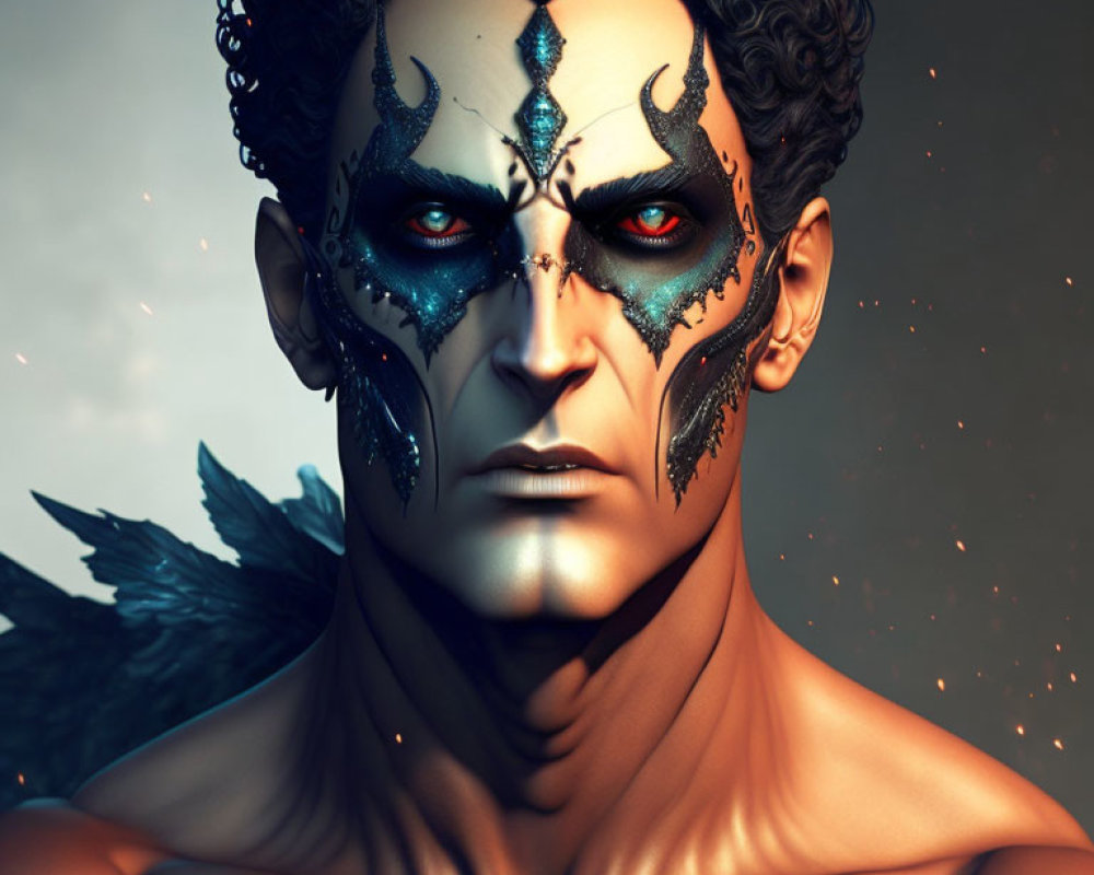 Male figure with blue and black facial markings and red eyes in digital art.