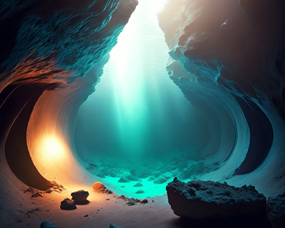 Sunlit Underwater Cave with Blue and Orange Tones
