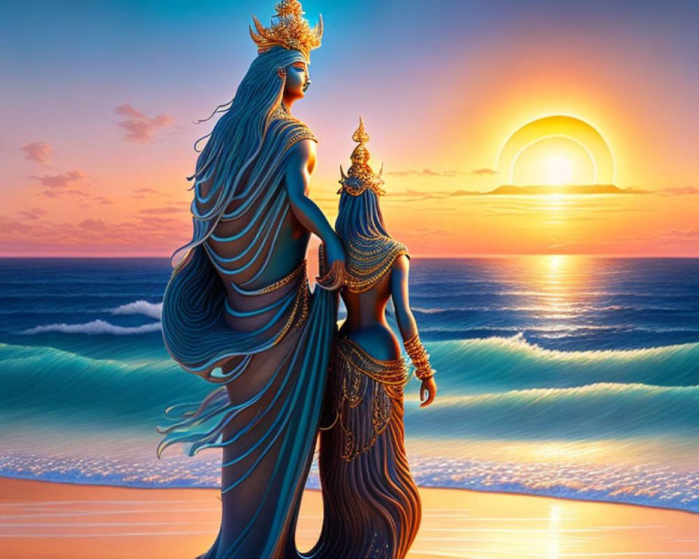 Ethereal figures with ornate headdresses on beach at sunset