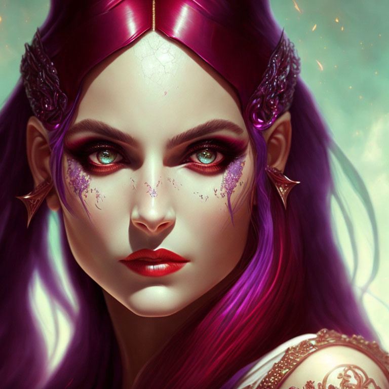 Fantasy digital art: Female character with purple hair, green eyes, elven ears, ornate