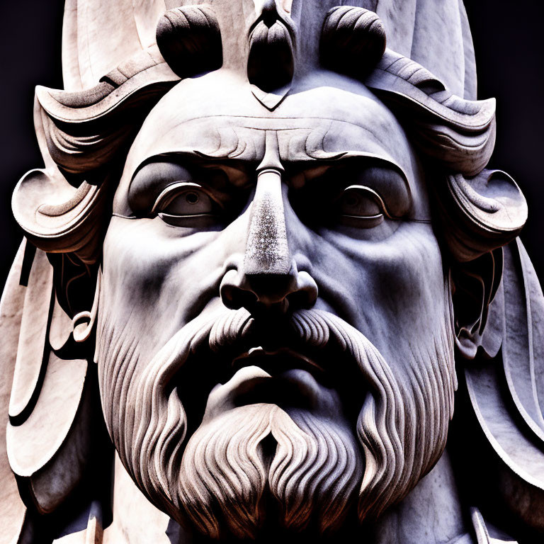 Detailed Stone Statue of Bearded Figure with Crown and Ornate Hair