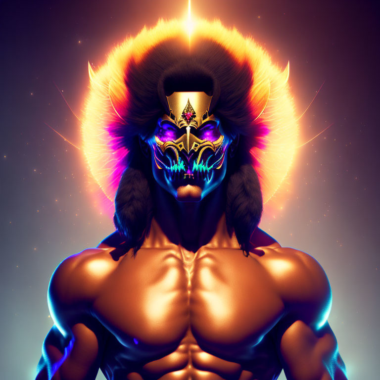 Muscular figure with glowing mask and radiant halo on dark background.